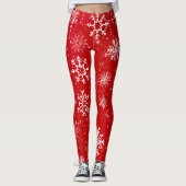 Robijn Rode Festive Kerst Wit Sneeuwvlokken Leggings (Voorkant)