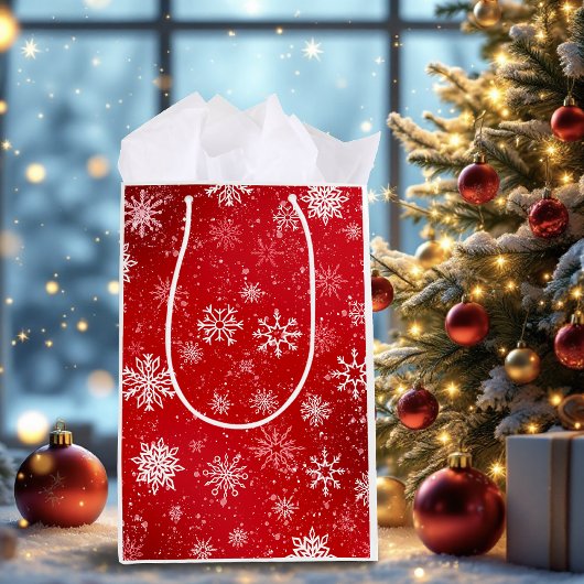 Robijn Rode Festive Kerst Wit Sneeuwvlokken Medium Cadeauzakje