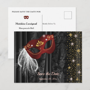 Robijn Rode Maskerade Zwarte Damast Save the Date Briefkaart