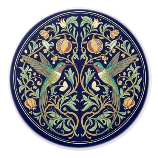 Robijnkeelkolibries in William Morris-stijl Keramische Knop (Voorkant)