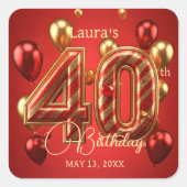Robijnrood en gouden 40e verjaardag ballonnen vierkante sticker (Voorkant)