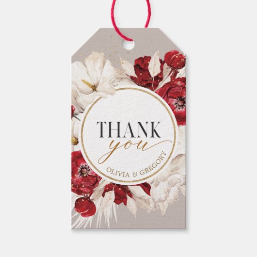 Robijnrood en wit bloemendankjewel cadeaulabel (Voorkant)