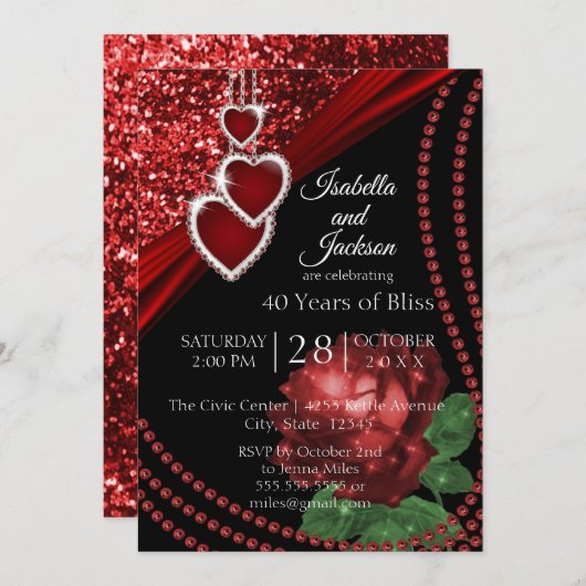 Robijnrood glitters en roos kaart (Voorkant / Achterkant)