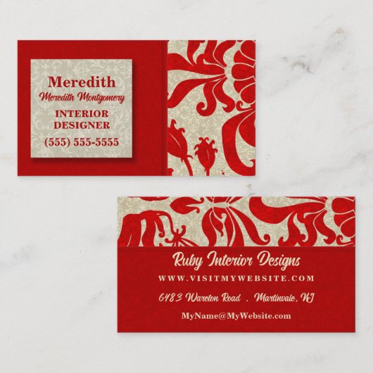 Robijnrood met Taupe Damask Print Visitekaartje (Voorkant / Achterkant)