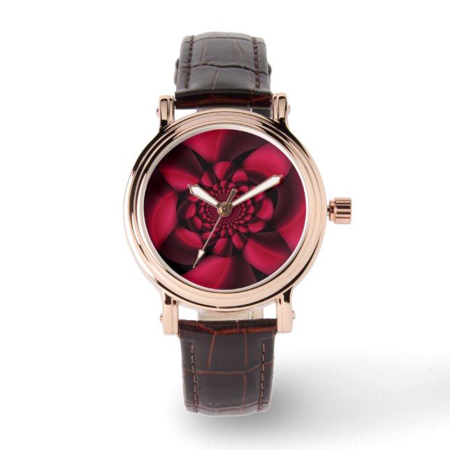 Robijnrood Zwart Bloemblad Horloge (Voorkant)