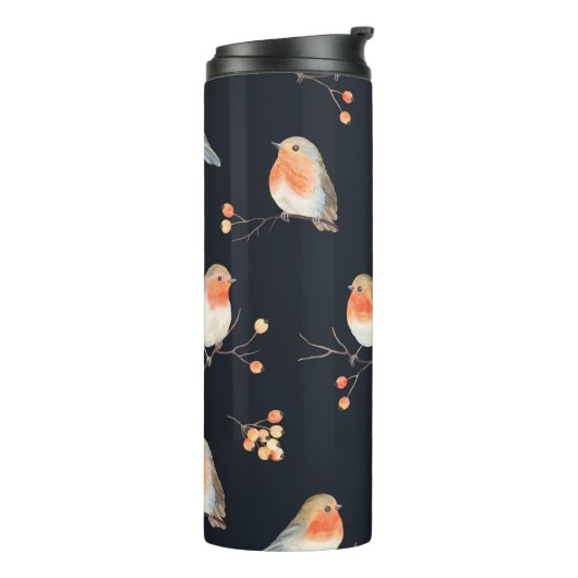 Robin bird and berries rowan at dry filies, zee thermosbeker (Gedraaid links)