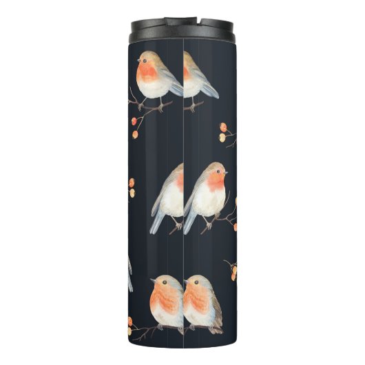 Robin bird and berries rowan at dry filies, zee thermosbeker (Achterkant)