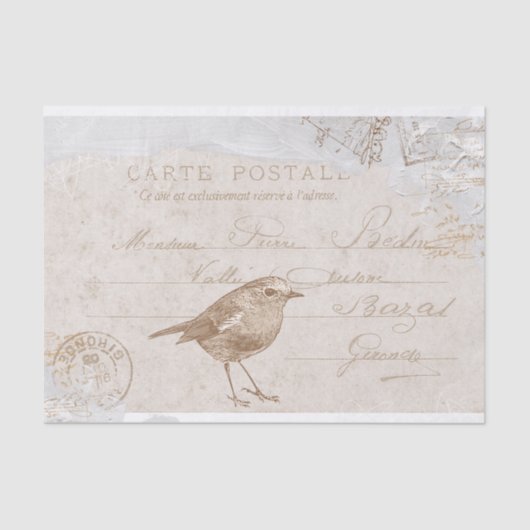 Robin Bird Carte Postale French Decoupage Blue Tissuepapier (Voorkant)