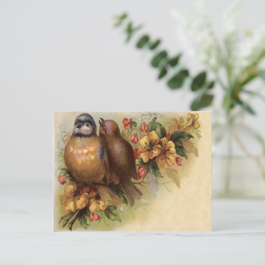 Robin Bird gele rode bloem Briefkaart (Staand voorkant)