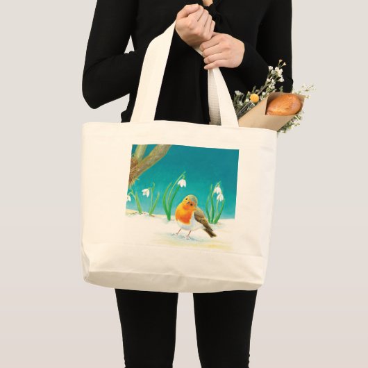Robin Bird, illustratie sneeuw en sneeuwval Grote Tote Bag (Voorkant (product))
