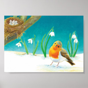 Robin Bird, illustratie sneeuw en sneeuwval Poster