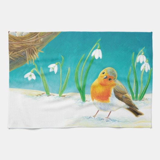Robin Bird, illustratie sneeuw en sneeuwval Theedoek (Horizontaal)