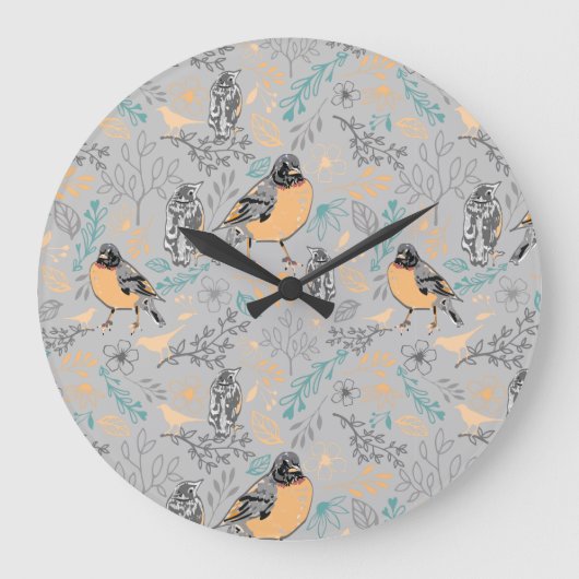 Robin Bird Mama en Baby Summer Brood met bloemen Grote Klok (Voorkant)