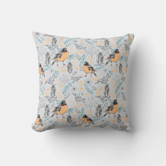 Robin Bird Mama en Baby Summer Brood met bloemen Kussen (Voorkant)