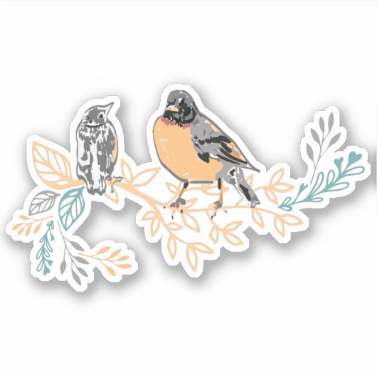 Robin Bird Mama en Baby Summer Brood met bloemen Sticker (Voorkant)