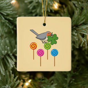 Robin Bird met Shamrock en Kleurrijke Lolly's Keramisch Ornament