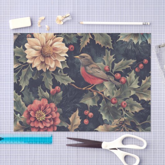 Robin Bird on a Holly Branch with Flowers Tissuepapier (Craft)