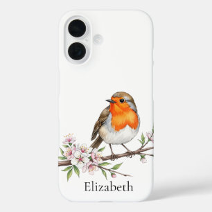 Robin Bird op bloementak Schattige Bird Gepersonal iPhone 16 Hoesje