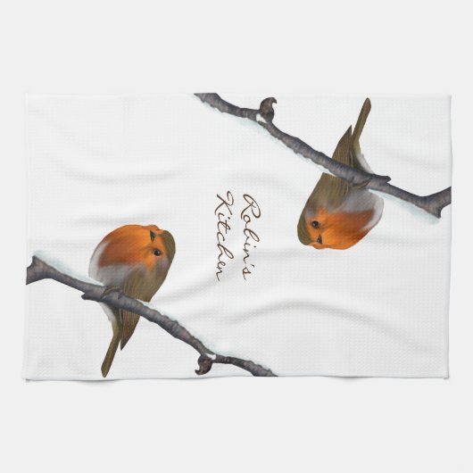Robin Bird op Branch Personalized Kitchen Towel Theedoek (Horizontaal)