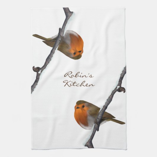 Robin Bird op Branch Personalized Kitchen Towel Theedoek (Verticaal)