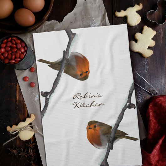 Robin Bird op Branch Personalized Kitchen Towel Theedoek