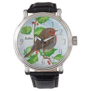 Robin Bird op Holly Waterverf Painting Horloge