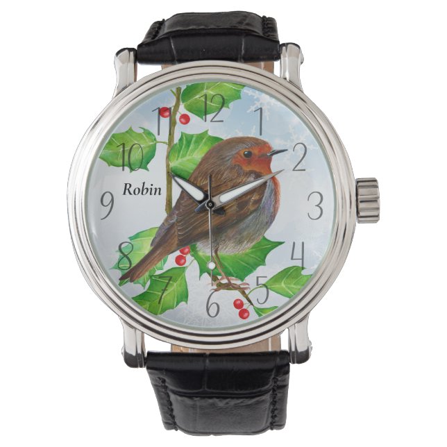 Robin Bird op Holly Waterverf Painting Horloge (Voorkant)