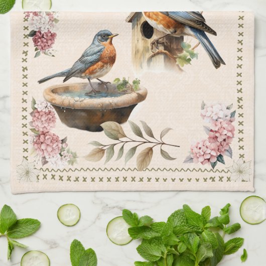 Robin Bird Peach Damask Theedoek (Gevouwen)