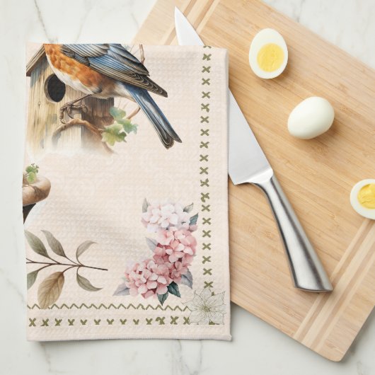 Robin Bird Peach Damask Theedoek (Quarter Fold)