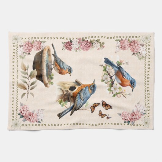Robin Bird Peach Damask Theedoek (Horizontaal)