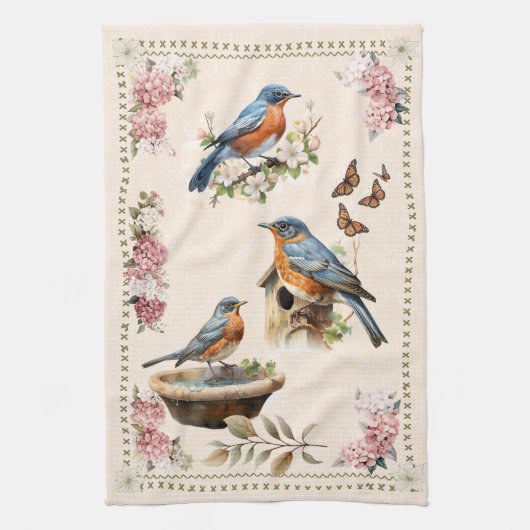 Robin Bird Peach Damask Theedoek (Verticaal)
