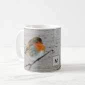 Robin bird red borst op hout monogrammen koffiemok (Voorkant links)