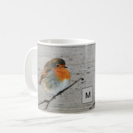 Robin bird red borst op hout monogrammen koffiemok (Voorkant links)