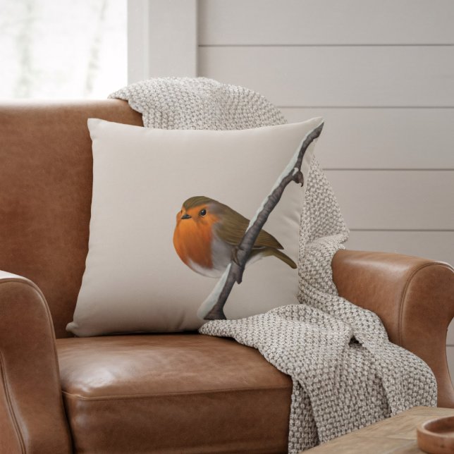 Robin Bird Winter Branch Natural Sierkussen (A lone robin sits on a winter branch. He would love to sit on your sofa or armchair)