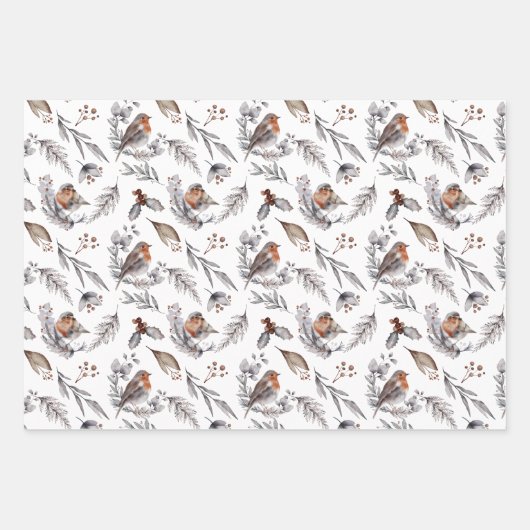 Robin Bird Woodland Greenery Kerstmis Inpakpapier Vel (Voorkant 2)