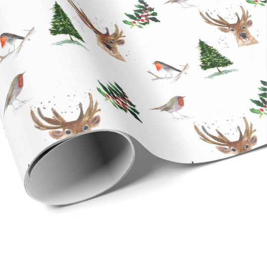 Robin Bird Woodland hert waterverf patroon Cadeaupapier (Rol Hoek)