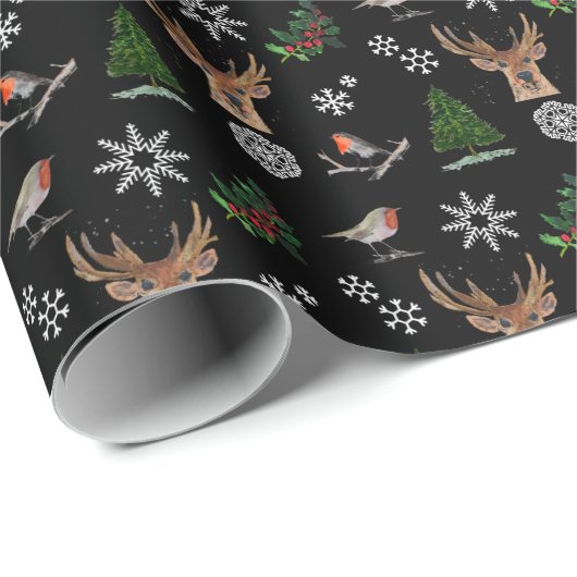 Robin Bird Woodland hert waterverf patroon Cadeaupapier (Rol Hoek)