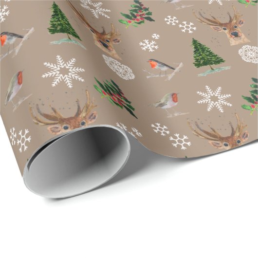 Robin Bird Woodland hert waterverf patroon Cadeaupapier (Rol Hoek)