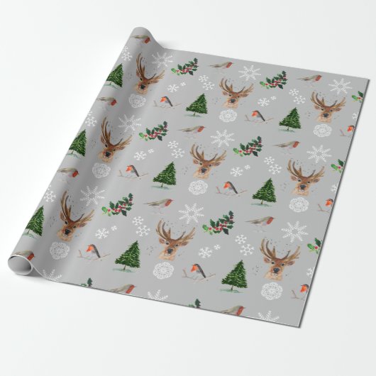 Robin Bird Woodland Stag Deer Winter waterverf Cadeaupapier (Uitgerold)
