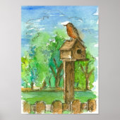 Robin Birdhouse Waterverf Landcape Poster (Voorkant)
