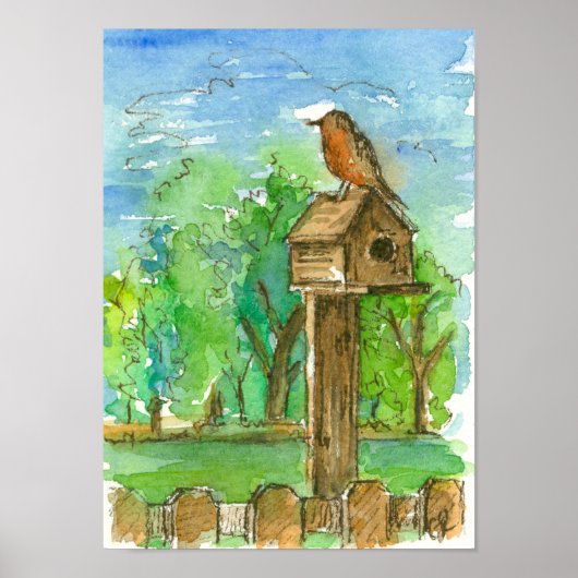 Robin Birdhouse Waterverf Landcape Poster (Voorkant)