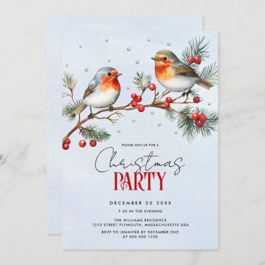 Robin birds, branch and berries Christmas holiday Kaart (Voorkant / Achterkant)
