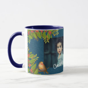 Robin Birds Holly Berry Foto Donker Blauwgroen Mok