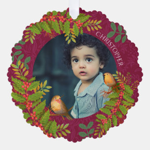Robin Birds Holly Berry Foto Wijn Ornament Kaart