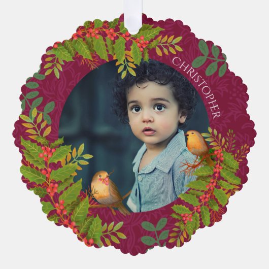 Robin Birds Holly Berry Foto Wijn Ornament Kaart (Voorkant)