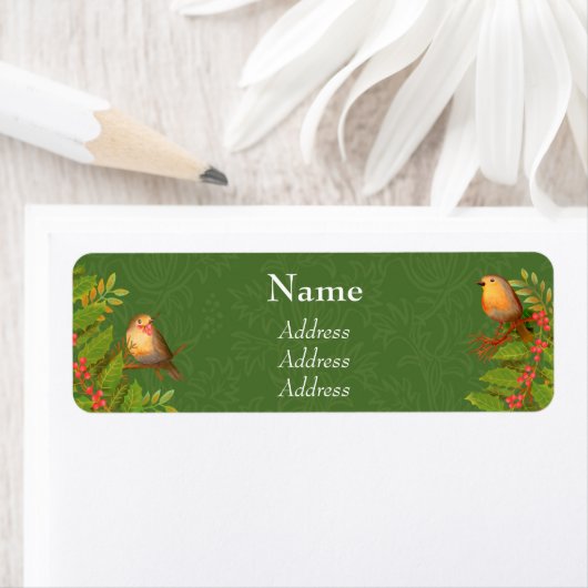 Robin Birds Holly Berry Green Etiket (Insitu)
