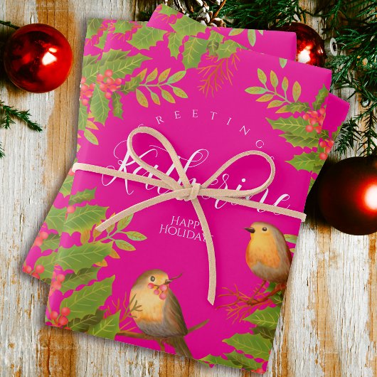 Robin Birds Holly Berry Hot Pink Inpakpapier Vel