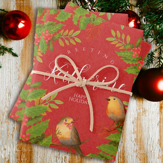 Robin Birds Holly Berry Red Inpakpapier Vel