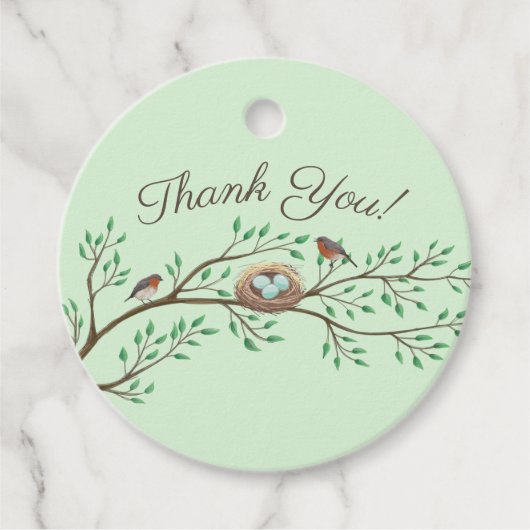 Robin Birds Nest Eggs Spring Baby shower Bedankjes Labels (Voorkant)