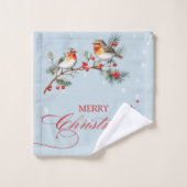 Robin Birds Tree Branchs Merry Christmas Blue Bad Handdoek (Wasdoekje)